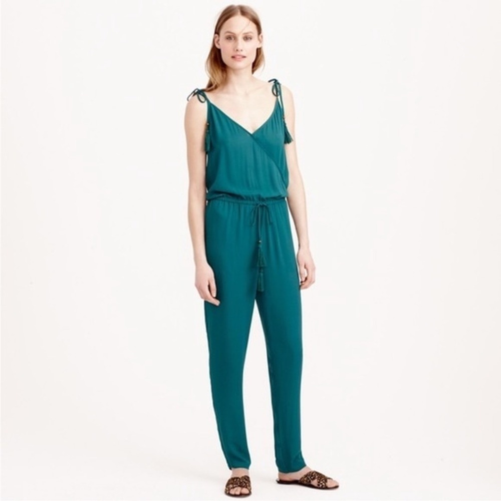 J.Crew Teal Green Tassel Tie Sleeveless V-Neck Jumpsuit Sz L‎ Resortwear Coastal